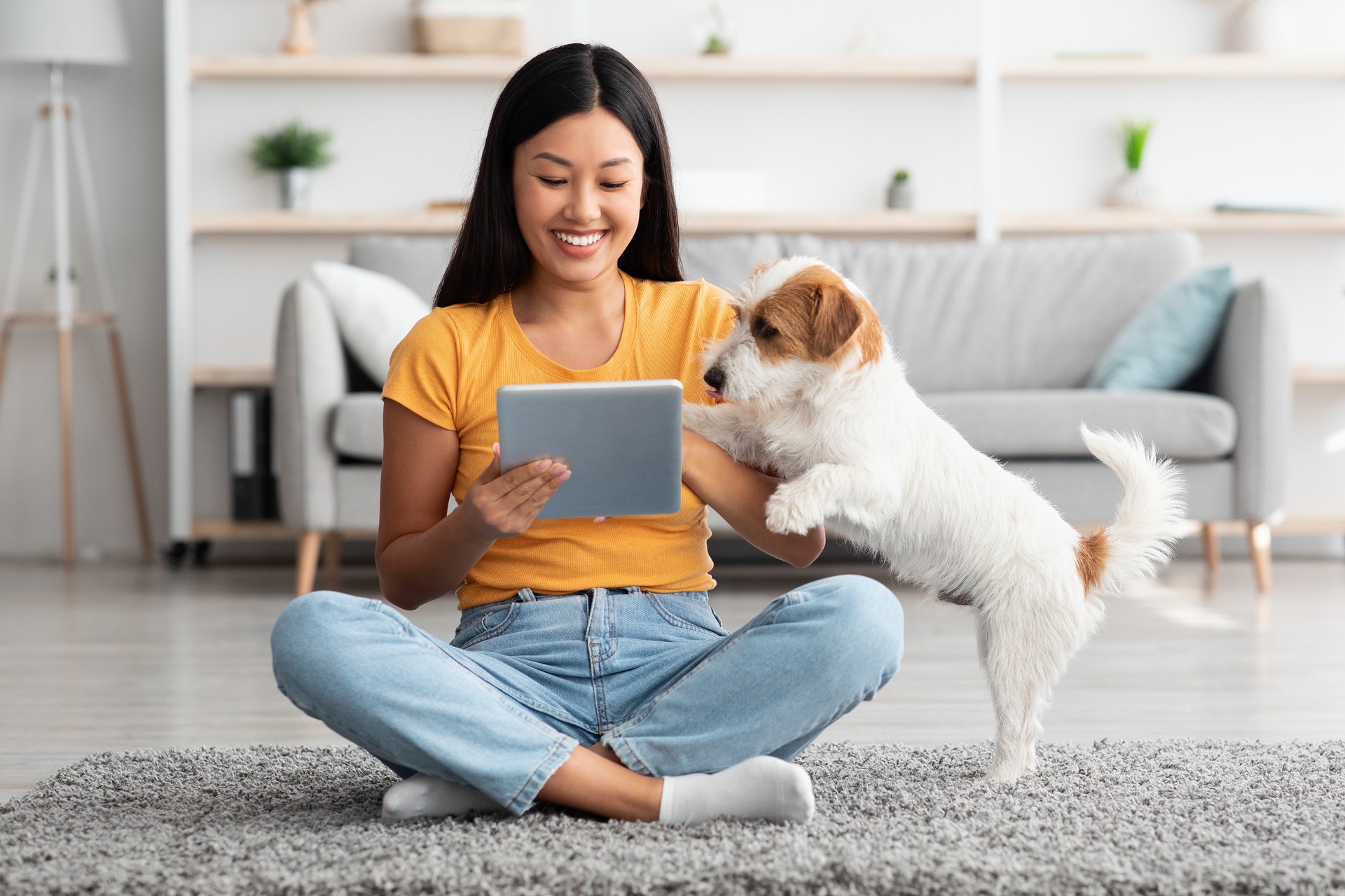 Asian woman and cute dog having fun together at home